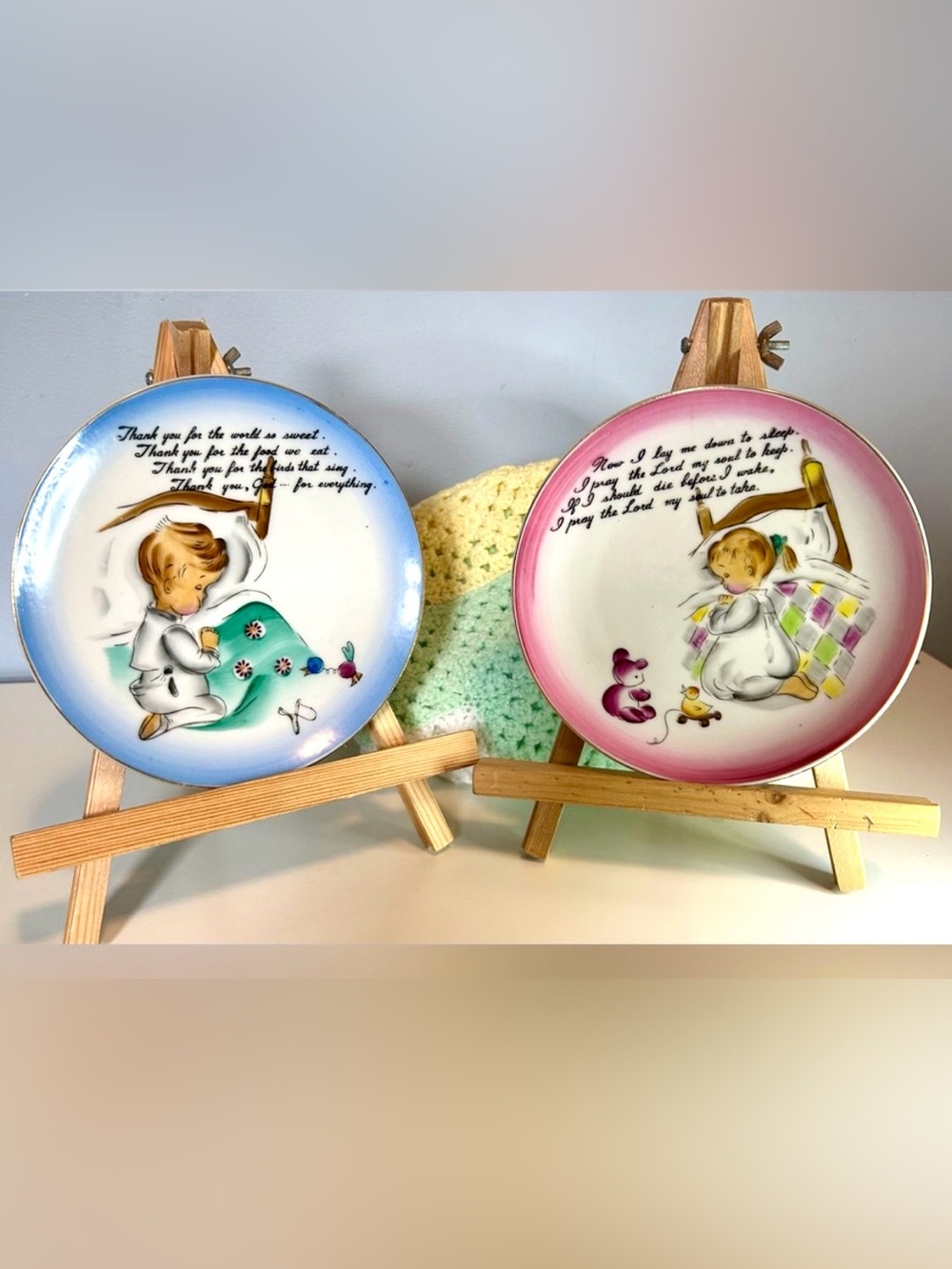 Vintage Lefton ESD Japan Child’s Prayer Wall Plates Set of 2 Boy Girl 6”